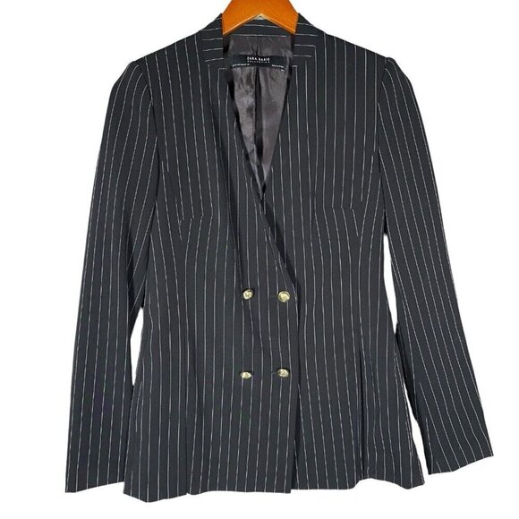 ZARA Pinstripe Blazer XS Black Double Breasted Gold Buttons Tailored Old Money - Picture 1 of 13